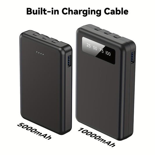 Slim Power Bank 5000mAh / 10000mAh with Built-in USB-C Cable, Charges 4 Devices Simultaneously, LED Indicator – Ultra-Compact Portable Charger for iPhone, Android, Travel, Everyday Carry