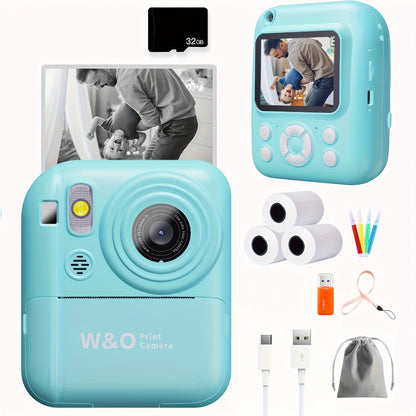 Instant Print Camera for Kids 48MP with Print Paper 32G TF Card 1080P FHD Video Flash MP4 Puzzle Game Cartoon Mini Digital Camera Printer Ages 6+ Birthday Christmas Gift