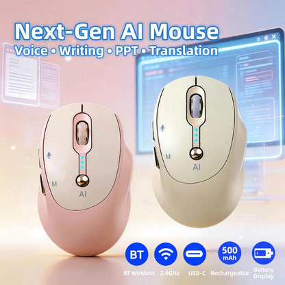 AI Wireless Mouse Voice to Text Real-Time Translation PPT Creation T-WOLF Silent Rechargeable Bluetooth 2.4G Dual Mode Battery Display Laptop PC Mac Windows Android Yellow Pink