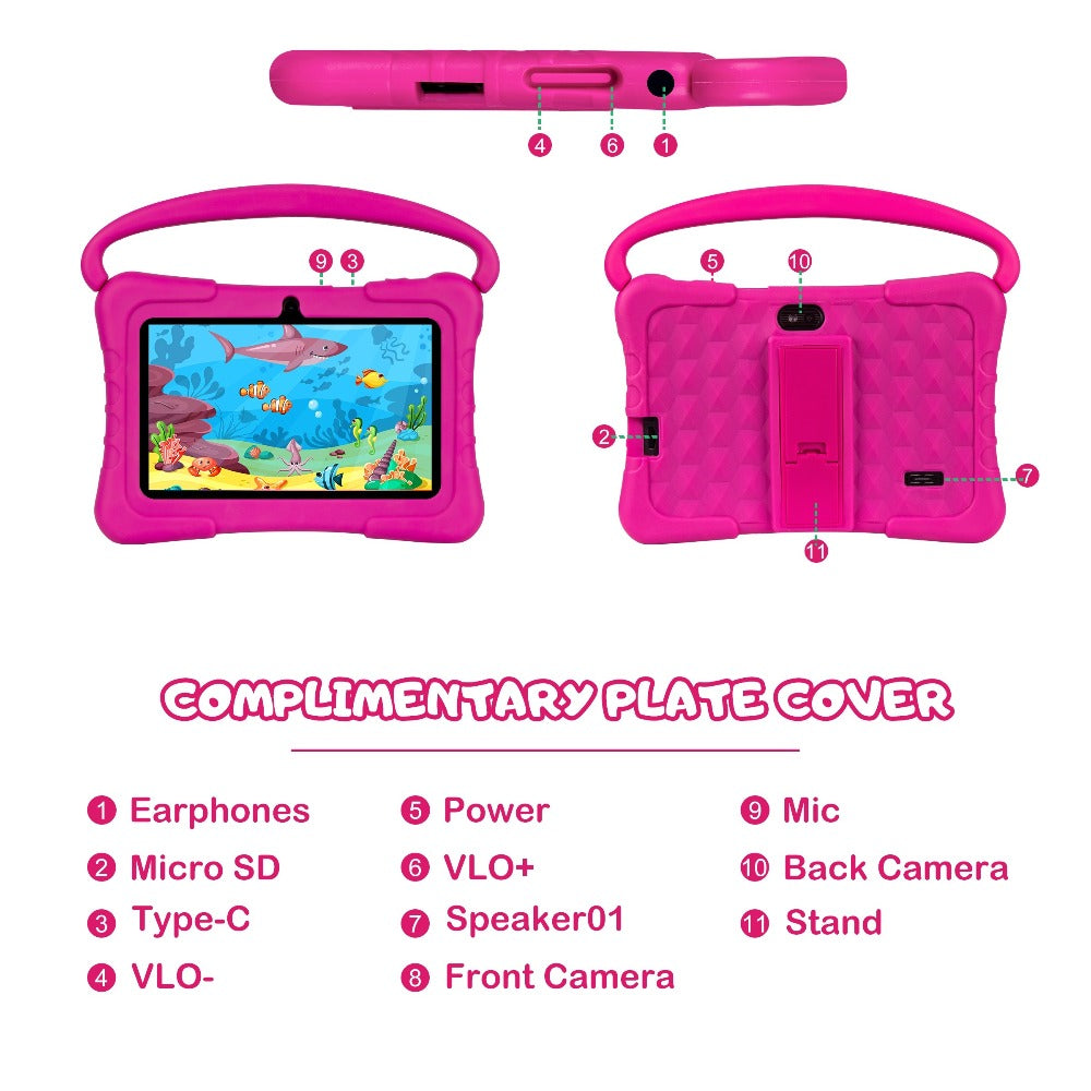 Educational Kids Tablet 7 Inch Android 14, Eye Protection Screen Parental Control GMS Certified, 2GB RAM 32GB ROM 2.4G Wi-Fi, Shockproof Case Dual Camera Pre-Loaded Learning Apps & Games, Children Tablet for Ages 3-12 – Blue Red