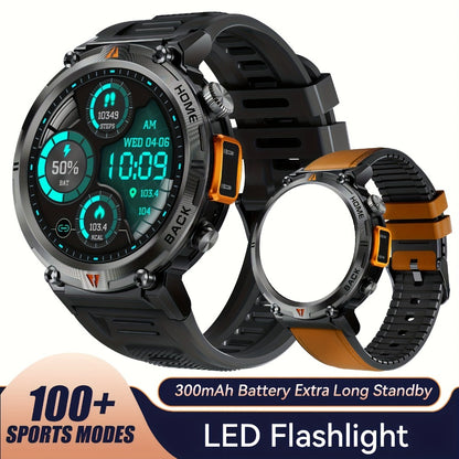Tactical Smartwatch for Men LED Lighting 1.45 Inch 97% Screen Ratio Bluetooth 5.2 Wireless Calling Outdoor Fitness Tracker Heart Rate Blood Oxygen Sleep Pedometer iPhone Android Silicone Leather Strap Black Orange