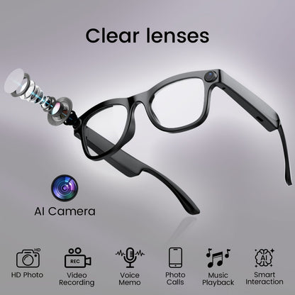 AI Smart Glasses Real-Time Voice Translation 100+ Languages - 2MP HD Camera, Bluetooth Calling & Music, Hands-Free Recording, Black & Clear Lens, Wearable Tech