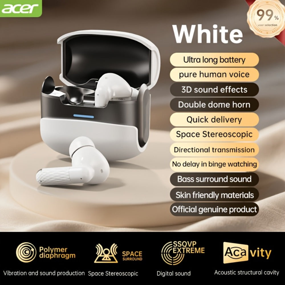 ANC Wireless Earbuds Acer Official TWS In-Ear Active Noise Cancellation Spatial Audio Low Latency Gaming Mode HD Calls Long Battery Life Sports Driving Earphones Navy Blue White