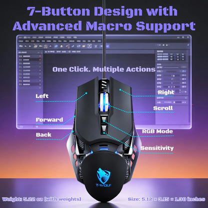 Programmable RGB Gaming Mouse Wired Ergonomic Pro-Grade with Turbo Click Multi-Mode DPI Sensitivity Dynamic RGB Lighting Forward Back Buttons USB Plug & Play for PC Laptop Mac Multiple Models