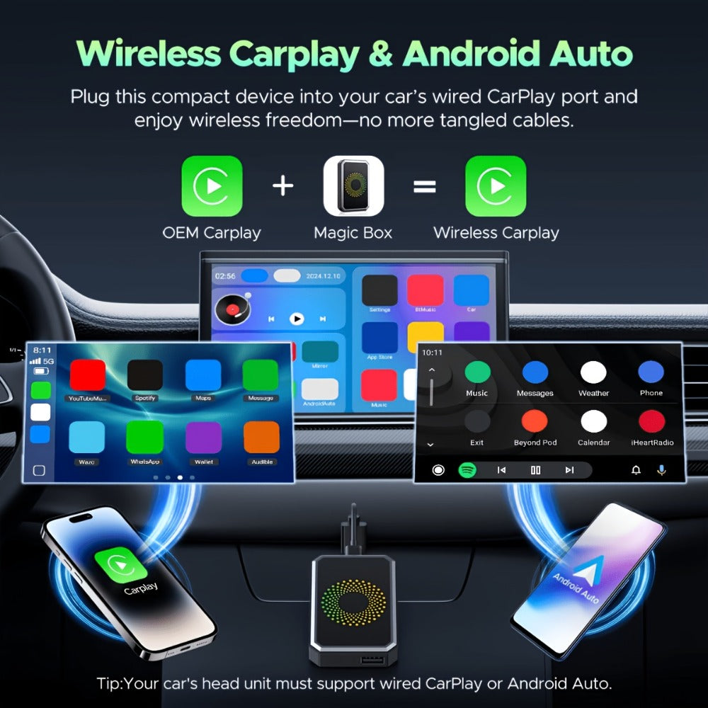 3-in-1 Wireless CarPlay Adapter Magic Media Box with Netflix YouTube TikTok Streaming & USB Port, Converts Factory Wired Apple CarPlay & Android Auto to Wireless, Plug-and-Play, iOS 10+, Black