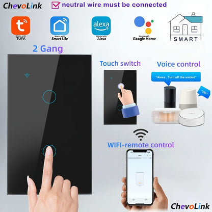 Black Tempered Glass WiFi Smart Light Switch 1/2/3/4 Gang – US Standard, Works with Alexa & Google Home, Tuya App, Smart Scenes, Timer, Voice & App Control, Neutral Wire Required, 100-240V