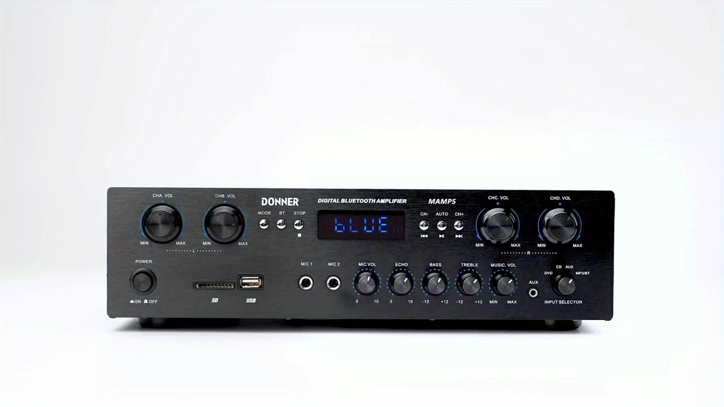 Donner 4-Channel Home Stereo Receiver Amplifier with USB SD FM Radio, Dual Mic Input Echo, RCA, LED Display for Home Sound System Karaoke Living Room