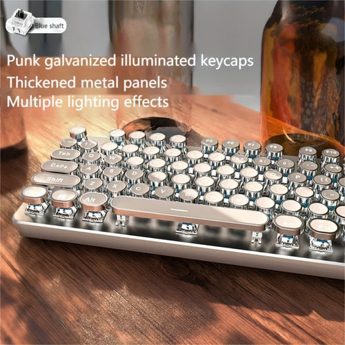 Cyberpunk Retro Typewriter Mechanical Keyboard 104 Keys Full-Size with Multi-Function Knob Backlit Round Keys Ergonomic Spill-Proof USB Wired for Desktop Laptop Windows Mac Gaming Typing