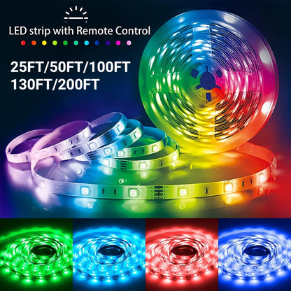 RGB LED Strip Lights Music Sync Color Changing – App & 24-Key Remote Control Dimmable Timer Adhesive LED Light Strip for Bedroom Dorm Ceiling TV Holiday Decor – 6.56FT to 260FT