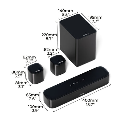 5.1 Surround Sound Bar System with Wired Subwoofer 2 Surround Speakers App Control SurroundX Technology 6 EQ Modes Optical AUX Home Theater TV Soundbar for Smart TV