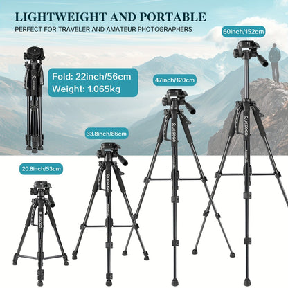 Camera Tripod 5ft Heavy Duty for DSLR & Mirrorless with Phone Holder & Storage Bag – Portable Professional Video Stand for Photography, Vlogging, Streaming, YouTube & Travel