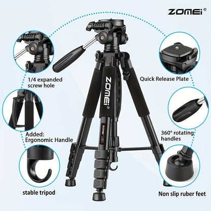 Aluminum Alloy Camera Tripod 65 Inch Heavy Duty Extendable with Phone Clip & Carry Bag – Professional Stand for DSLR SLR Mirrorless Camera Smartphone Projector Spotting Scope Travel Photography
