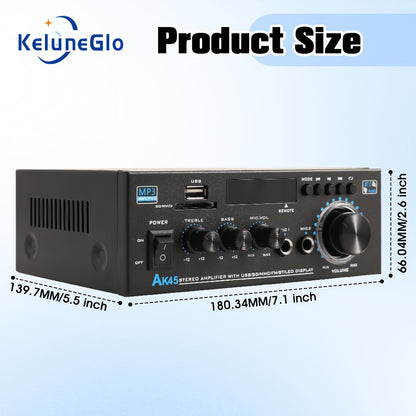 400W Bluetooth 5.0 Stereo Amplifier Receiver AK45, 2-Channel Home Audio Power Amp with Karaoke, FM Radio, USB MMC SD Card, Supports Passive Ceiling Speakers Garage Home Theater Speaker System