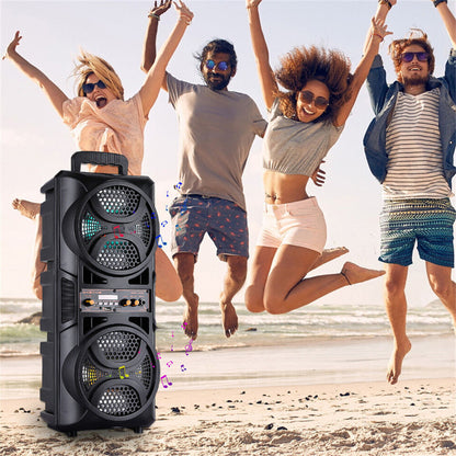 Portable Karaoke Bluetooth Speaker with Wheels & Microphone – Party DJ Sound System Dual 6.5" Woofer LED Lights FM AUX TF USB TWS Rechargeable Outdoor Speaker