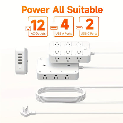 Wide Outlet Surge Protector Power Strip 18-in-1 with 12 Widely Spaced AC Outlets 4 USB-A 2 USB-C Ports Safe Portable Desktop Charging Station for Home Dorm Office Travel Essentials – Black & White