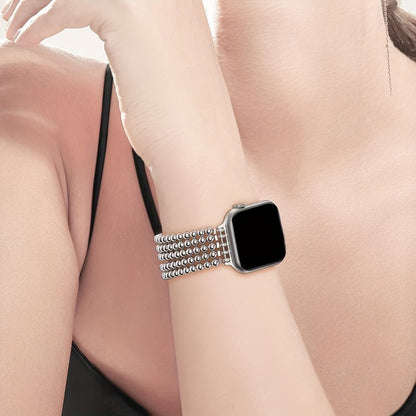 Stainless Steel Beaded Apple Watch Band Handmade Elastic Stretch Bracelet No-Buckle Slip-On Strap for Series 1-11 SE Ultra 38mm 40mm 41mm 42mm 44mm 45mm 46mm Women Girls Silver Rose Gold Silvery Grey