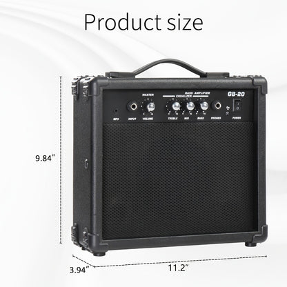 20W Electric Bass Guitar Amplifier with 6.5-Inch Speaker, Volume Treble Bass Middle Controls, Headphone Output Jack, AUX Input for MP3, Portable Practice Amp for Beginner & Home Studio Use