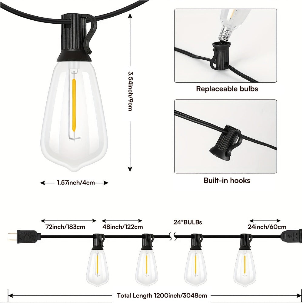 Patio String Lights 100FT ST38 Edison Bulbs Shatterproof – 2700K Warm White Dimmable Connectable Outdoor Hanging Lights with Hooks for Patio Garden Wedding Bistro Party Christmas Decor