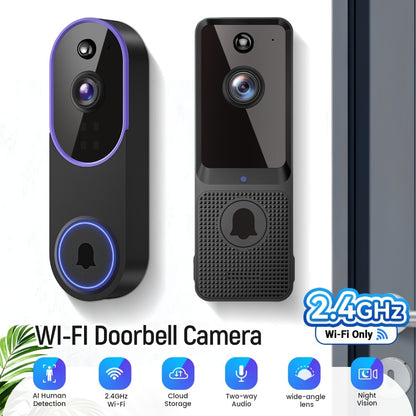 166° Ultra Wide Angle Smart Doorbell Camera 2K HD Wireless WiFi – AI Human Detection, Two-Way Audio, Night Vision, Cloud Storage, Rechargeable Battery, 2.4GHz, Black Linen Purple