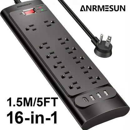 Spacious Outlet Gaming Power Strip 16-in-1 with Control Switch, 12 Wide-Spaced AC Outlets & 4 USB Ports (1 USB-C), Surge Protector, 5ft Extension Cord for TV Monitor Gaming Setup Home Office – Sleek Design