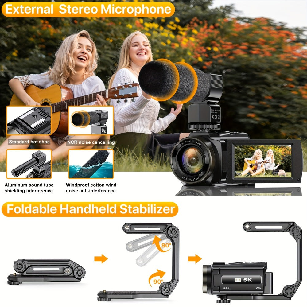 5K 30FPS Vlog Camera 48MP UHD WiFi with 16x Digital Zoom, IR Night Vision, 270° Rotatable Touch Screen & 6-Axis Stabilization - Outdoor Video Camera with Mic, Stand & Carry Bag