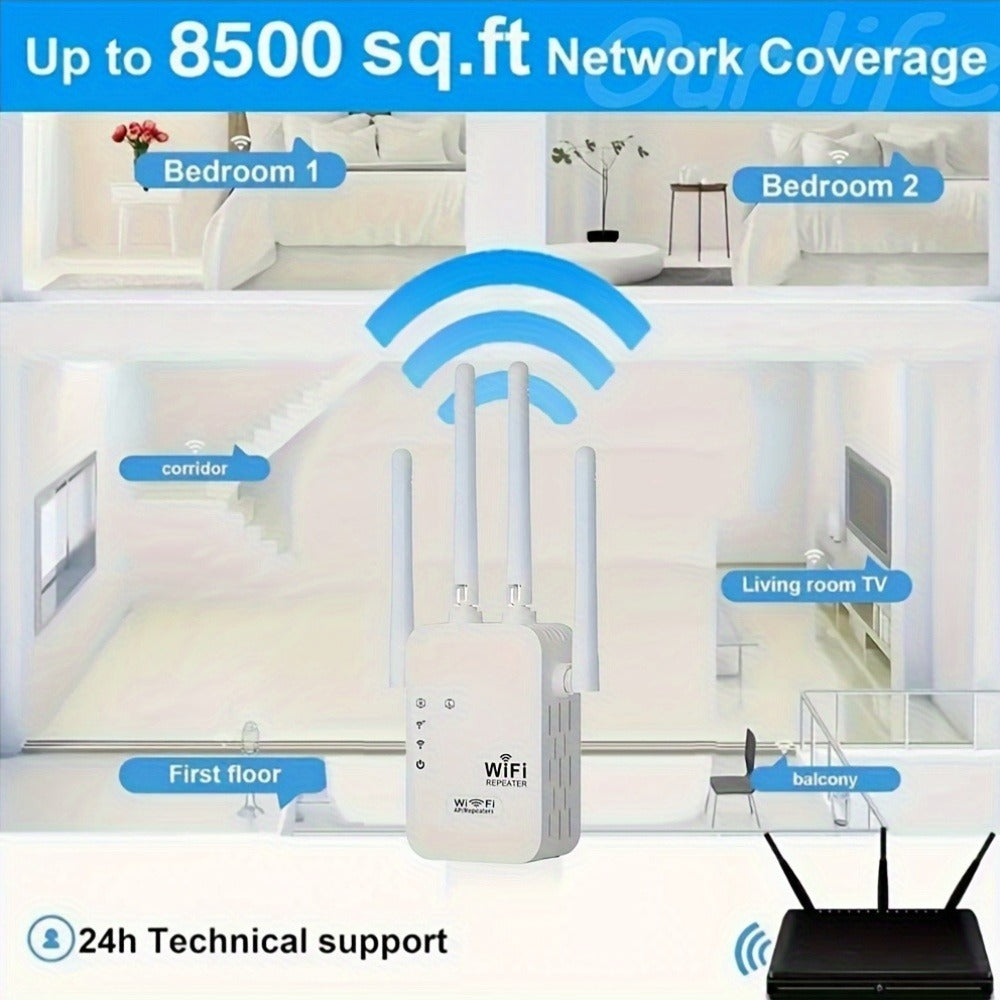 WiFi Extender 1300Mbps Dual Band AP & Relay Mode - 4 Powerful Antennas Full House Coverage, Ethernet Port, Eliminates Dead Zones, for Home Office Gaming Streaming, White Black