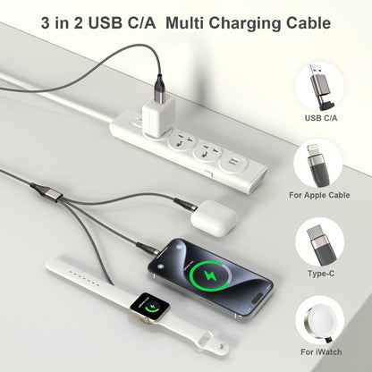 Multi Charging Cable 3-in-2 Fast Charging Set of 2, Compatible with Apple Watch Ultra Series 10 9 8 7 6 SE iPhone 16 15 14 13 12 Samsung Galaxy, USB-C & USB-A, 2FT + 4FT Portable Cord Combo