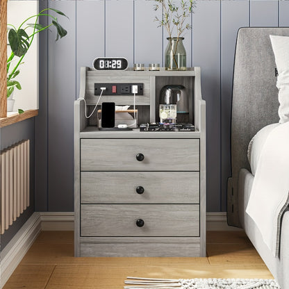 Nightstand with Power Outlets and USB Ports – 3-Drawer Hutch Charging Station | 2 Outlets 2 USB | Bedroom End Table Side Table | 14"D x 17.7"W x 26.8"H | Gray or White | Housewarming Gift