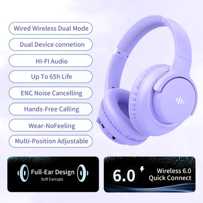 KVIDIO 65H Over-Ear Headphones Wireless HiFi Stereo Rich Bass Low Latency Foldable Lightweight Built-In Mic Ultra-Long Battery Life for Travel Work Study