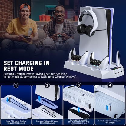 PS5 Cooling Station with Controller Charging Dock - Compatible with PS5 Slim Pro Standard Disc Digital, Dual Controller Charger Turbo Fan 3-Port USB Hub Headset Holder All-in-One PS5 Accessory