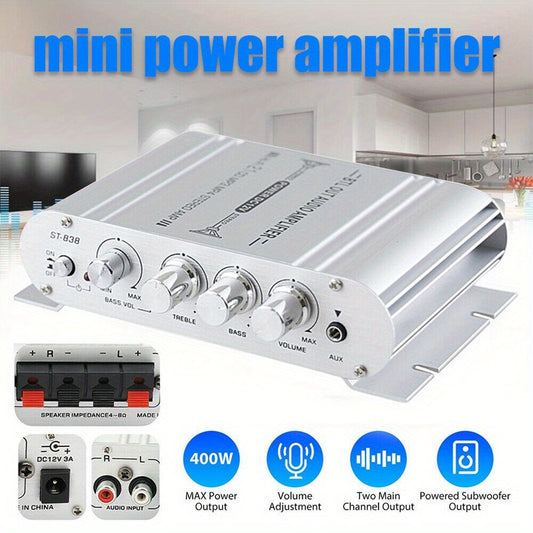 400W Car Audio Amplifier 2.1 Channel 12V Vehicle Sound System Stereo Bass Booster with Aluminum Alloy Housing, Easy Installation for Car Truck SUV Audio Upgrade — Silver