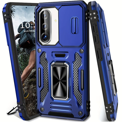 Samsung Galaxy Shockproof Magnetic Phone Case with 360° Rotating Ring Bracket & Sliding Lens Protector – Heavy Duty Cover for S24FE S23FE S22 S21FE Ultra A55 A54 A35 A34 A25 A24 A16 A15 A14 A06 A05 A05S 5G