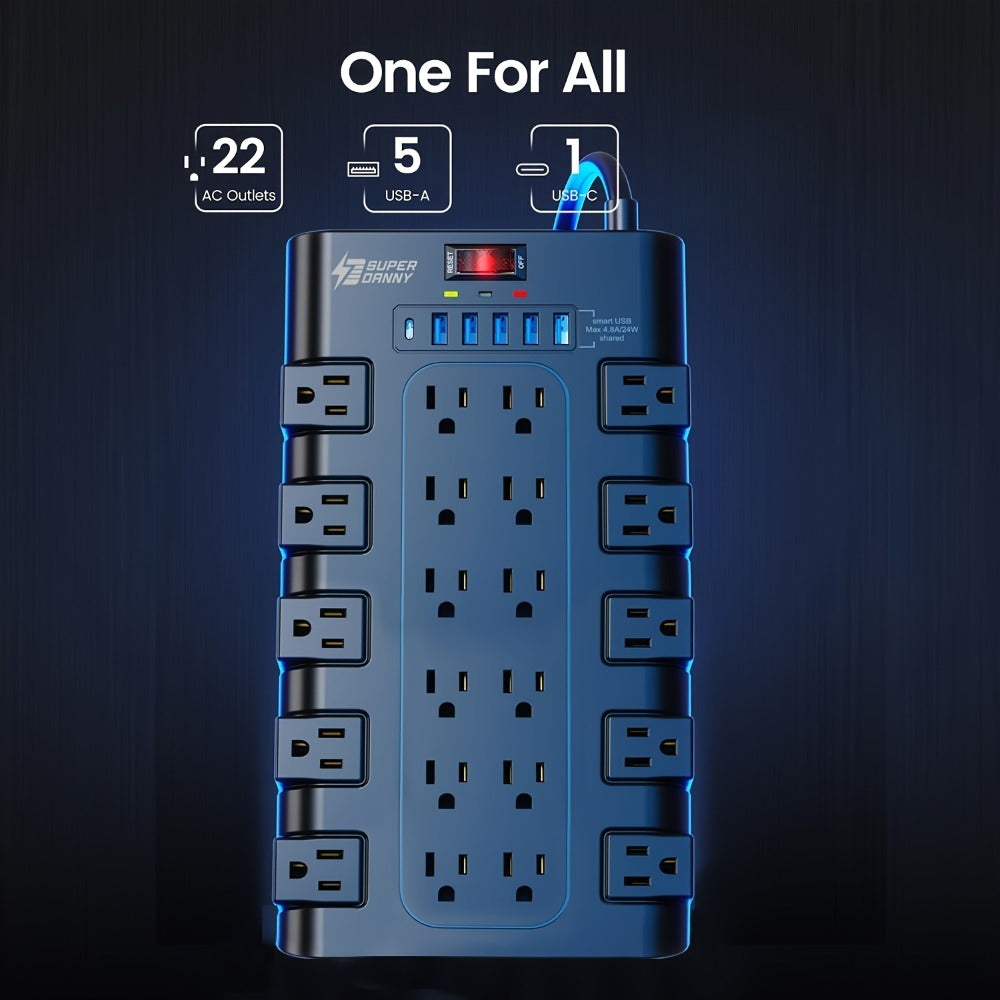 Heavy Duty Surge Protector Power Strip 28-in-1 with 22 Spacious AC Outlets USB-C PD 45W 2100 Joules Flat Plug Wall Mount 5-13Ft Extension Cord Multi-Outlet Power Bar with Control Switch for Home Office – Black