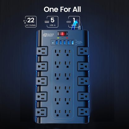 Heavy Duty Surge Protector Power Strip 28-in-1 with 22 Spacious AC Outlets USB-C PD 45W 2100 Joules Flat Plug Wall Mount 5-13Ft Extension Cord Multi-Outlet Power Bar with Control Switch for Home Office – Black