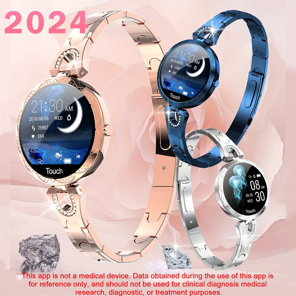 Diamond Rhinestone Smartwatch for Women Bling Luxury Chic Design 1.09 Inch Full Touch Screen Calling 100 Sport Modes Step Calorie Heart Rate Sleep Tracker Statement Jewelry Watch Gift for Her Blue