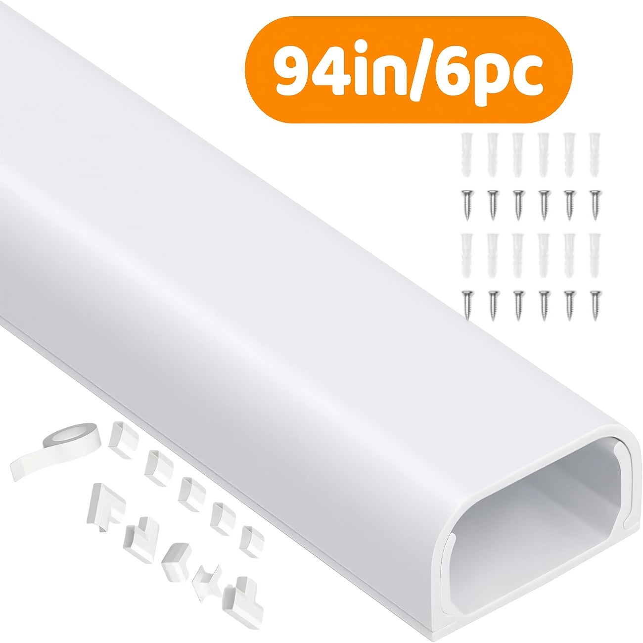 Cable Raceway Cord Hider for Wall Paintable White Self-Adhesive No-Drill – Wire Hiding Channel 0.95"W x 0.55"H for TV Home Office Desk Baseboard, Snap-On Cover, 6-Piece or 94"/157" Sets