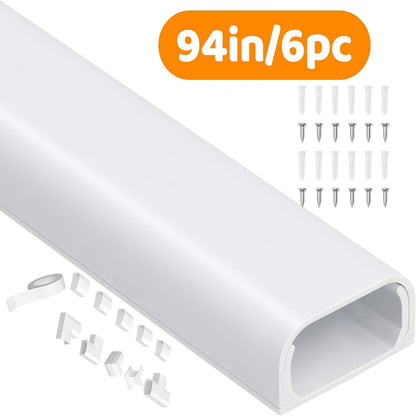 Cable Raceway Cord Hider for Wall Paintable White Self-Adhesive No-Drill – Wire Hiding Channel 0.95"W x 0.55"H for TV Home Office Desk Baseboard, Snap-On Cover, 6-Piece or 94"/157" Sets