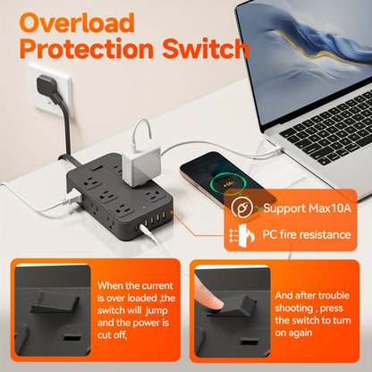 Wide Outlet Surge Protector Power Strip 18-in-1 with 12 Widely Spaced AC Outlets 4 USB-A 2 USB-C Ports Safe Portable Desktop Charging Station for Home Dorm Office Travel Essentials – Black & White