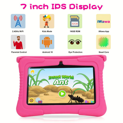 Veidoo Kids Tablet 7 Inch Android Eye Protection Screen Parental Controls Drop-Proof Silicone Case Dual Camera Educational Games WiFi 1GB 16GB 2GB 32GB Children Learning Tablet Pink Blue Purple