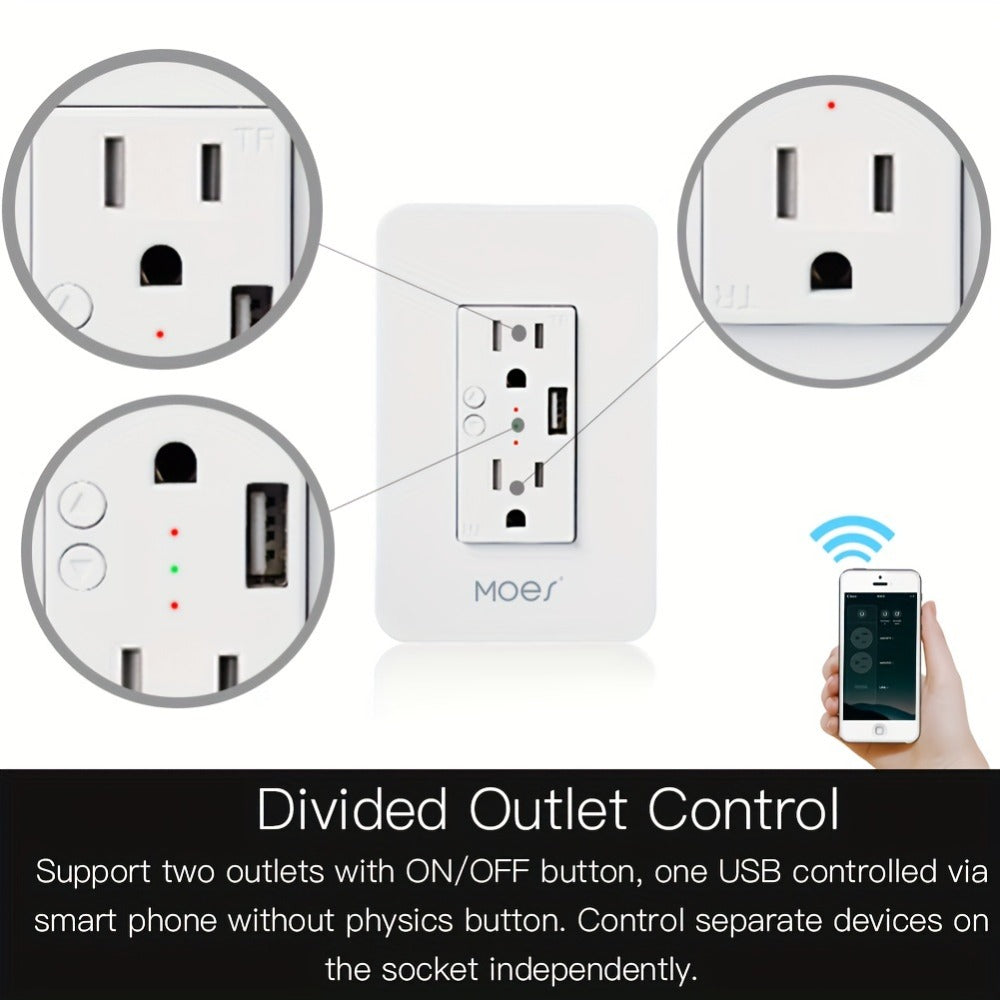 Smart WiFi Wall Outlet with 2 AC Outlets & USB Charging Port, Works with Alexa & Google Home, App Remote Control, No Hub Required, 15A 2.4GHz – MOES Intelligent In-Wall Smart Plug Socket