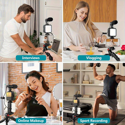 Phone Vlogging Kit with Noise-Reduction Microphone Tripod & LED Fill Light – TikTok YouTube Instagram Content Creator Setup, 3.5mm Lightning Type-C Compatible, iPhone Android Streaming Starter Kit & Gift