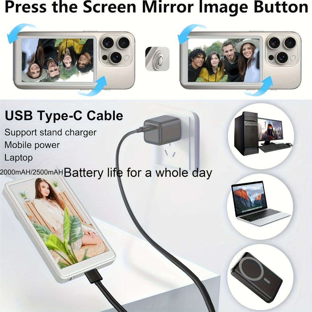 Wireless Selfie Monitor Screen for iPhone Android – 2500mAh Battery, Remote Control, 3-Level Brightness & Wide Screen Mode, Use Phone Rear Camera for Selfie Vlog No-Delay Live Streaming TikTok YouTube
