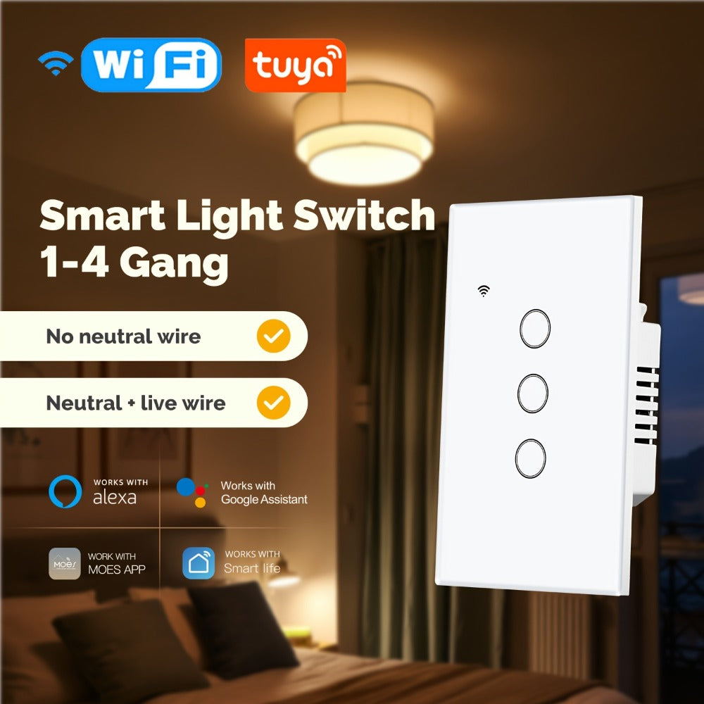 No Neutral Wire Smart Touch Wall Switch MOES WiFi 1/2/3 Gang Single Fire, Works with Alexa & Google Home, App Remote Control, 2.4GHz 110V White – 2 Pack 3 Pack Smart Light Switch