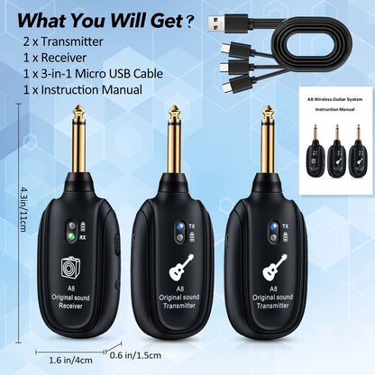 UHF Wireless Guitar System 100ft Range - Plug & Play, Noise-Free Transmission, 2 Transmitters & Receiver, Compatible with Electric Guitar Bass Violin Keyboard, Live Performance Stage Music Gear