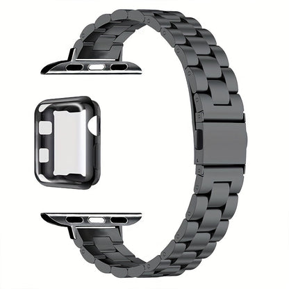 Slim Waist Apple Watch Steel Band & Half Shell Case 3-Piece Set – 2 Stainless Steel Bands + Protective Case Compatible with Apple Watch Series 1–9 SE Ultra 38 40 41 42 44 45 49mm – Gold Silver Rose Black