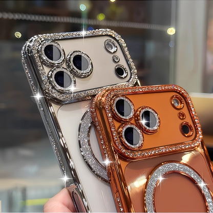 Diamond Side Magnetic iPhone Case for iPhone 17 16 15 14 13 Pro Max Plus Air 16e – Luxury Rhinestone Shiny Electroplated Wireless Charging Supported Protective Cover