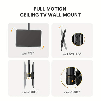360° Swivel Ceiling TV Mount Height Adjustable 26-65 Inch 110 lbs – Full Motion Rotating Pole Bracket, Tilt ±15°, VESA 400x400mm, Fits Level & Sloped Ceilings, for Home Restaurant Gym, Black