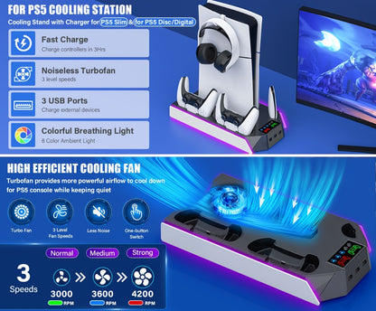 Headset Holder PS5 Cooling Stand with RGB Light, 3-Level Fan, Controller Charger & 3 USB Ports – Compatible with PS5 / PS5 Slim / PS5 Pro Disc & Digital Edition Console