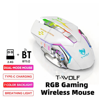 Ergonomic Silent Wireless Mouse T-WOLF Rechargeable Dual-Mode BT5.0 & 2.4G – Full-Size RGB Comfort Mouse for Work Study Gaming, Aesthetic Desk Setup, Back to School Gift for PC Laptop Mac