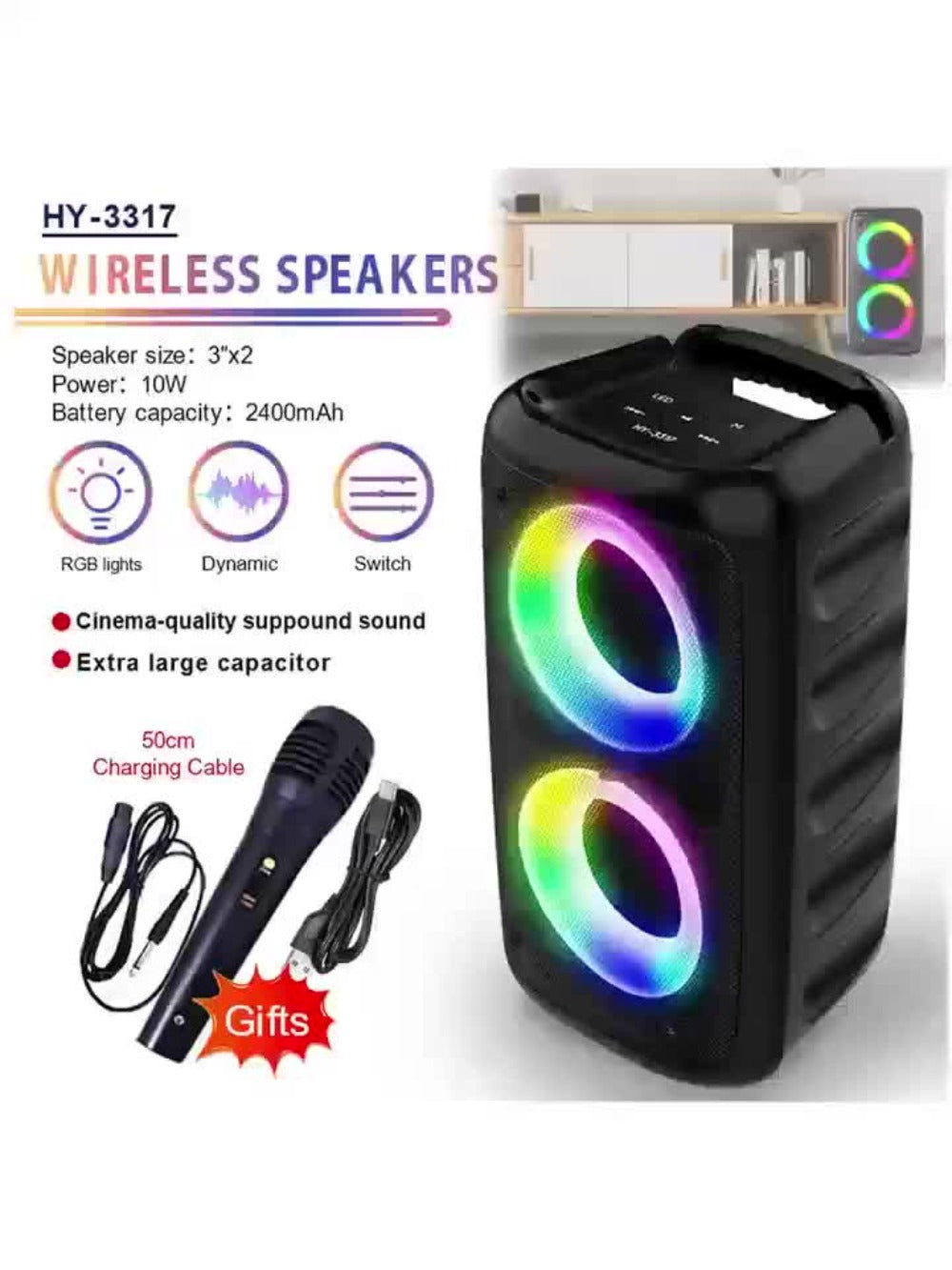 Wireless Portable Bluetooth Subwoofer Speaker with Microphone & LED Colorful Ambient Lights, Stereo Sound Enhanced Bass, USB-C Rechargeable, Perfect for Birthday Parties Outdoor Camping